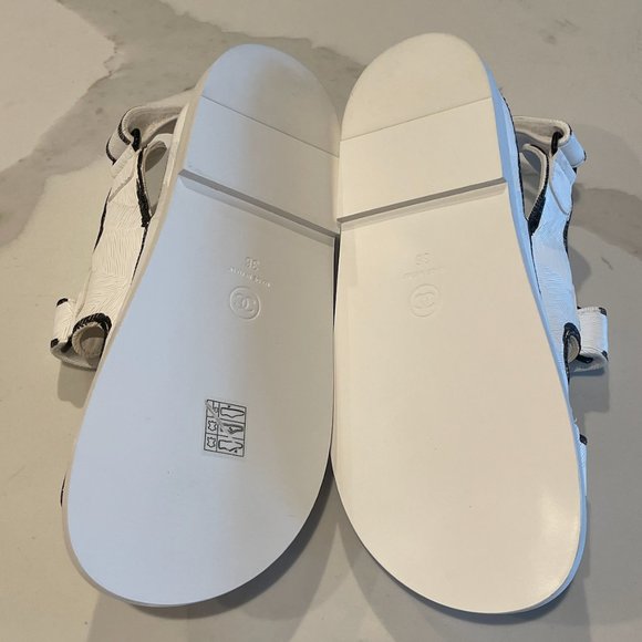 CHANEL Printed Calfskin Velcro Dad Sandals 37 White Black - Picture 2 of 9
